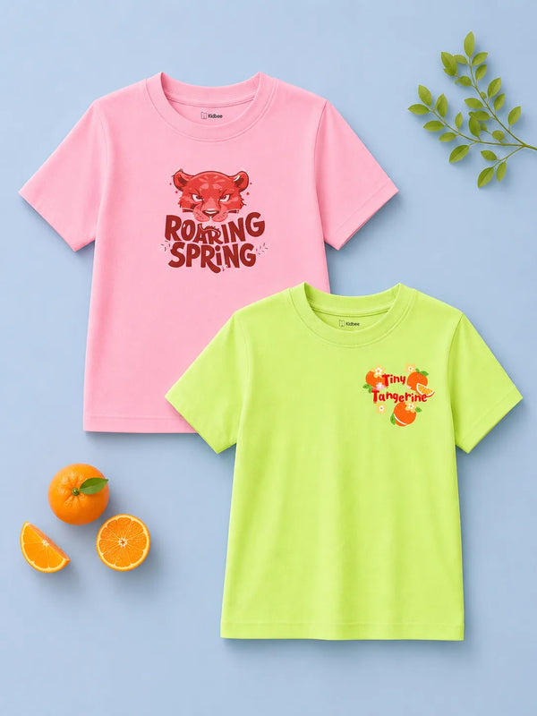 BambooTEC™ Girls Half Sleeve T-Shirt Pack of 2 – Roaring Spring & Tangerine Graphic Print Soft Summer Tee Set