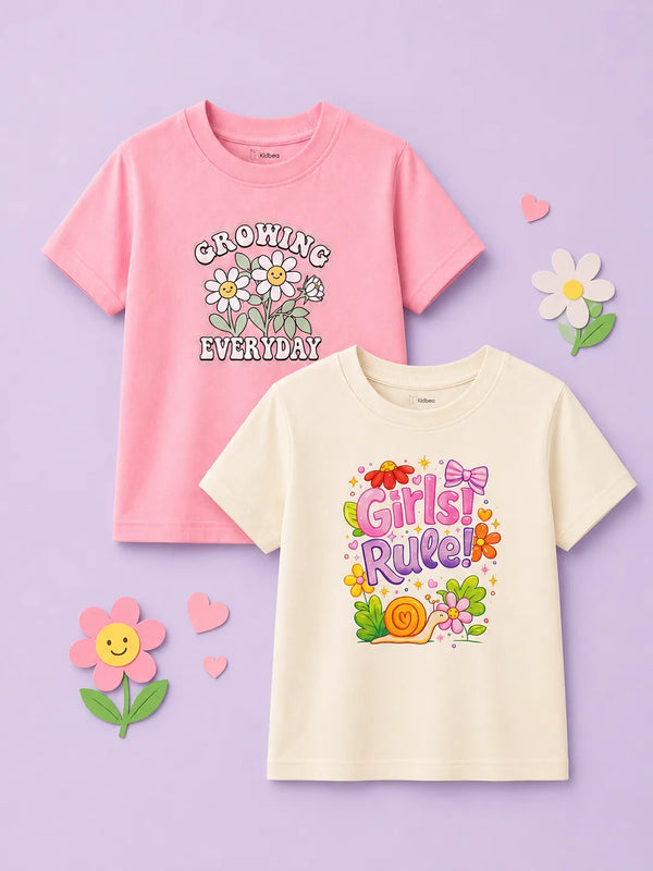 BambooTEC™ Girls Half Sleeve T-Shirt Pack of 2 – Growing Everyday & Girls Rule Graphic Print Soft Summer Tee Set