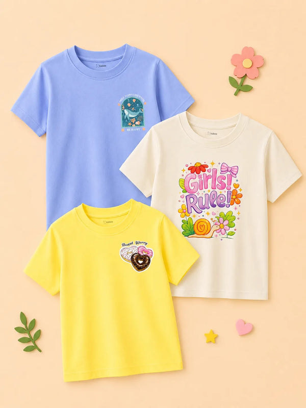BambooTEC™ Girls Half Sleeve T-Shirt Pack of 3 – Be Happy, Girls Rule & Donut Graphic Print Soft Summer Tee Set
