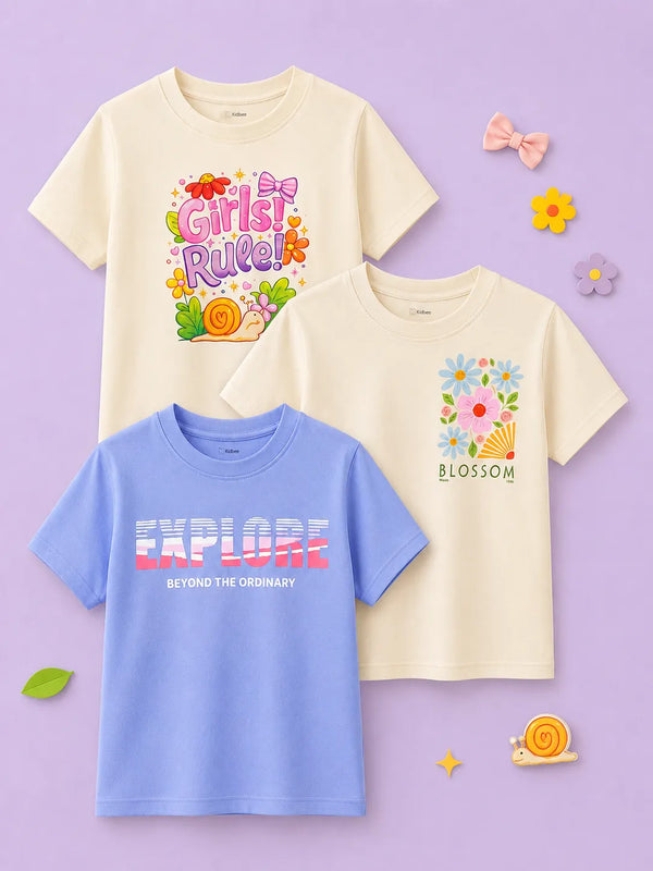 BambooTEC™ Girls Half Sleeve T-Shirt Pack of 3 – Girls Rule, Blossom & Explore Graphic Print Soft Summer Tee Set