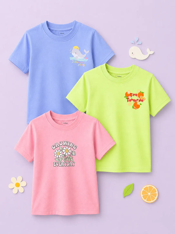 BambooTEC™ Girls Half Sleeve T-Shirt Pack of 3 – Growing Everyday, Tiny Tangerine & Sea Play Graphic Print Soft Summer Tee Set