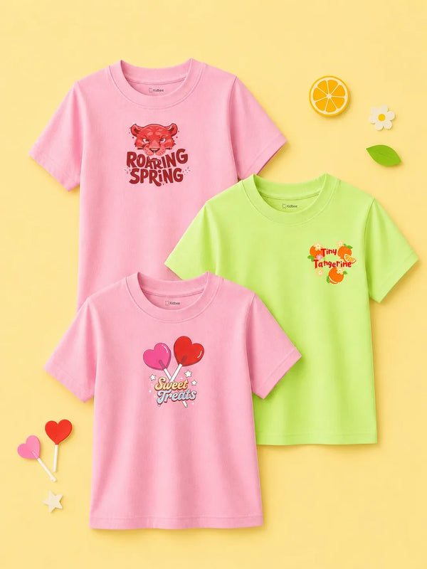 BambooTEC™ Girls Half Sleeve T-Shirt Pack of 3 – Roaring Spring, Tiny Tangerine & Sweet Treats Graphic Print Soft Summer Tee Set