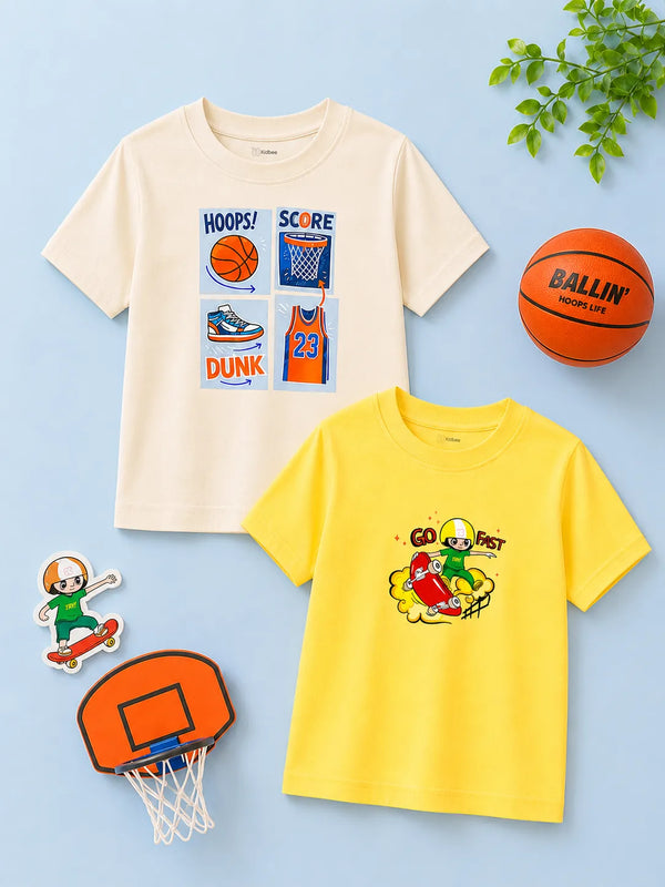 BambooTEC™ Unisex Kids Half Sleeve T-Shirt Pack of 2 – Soft Breathable Basketball & Skateboard Graphic Print Tee