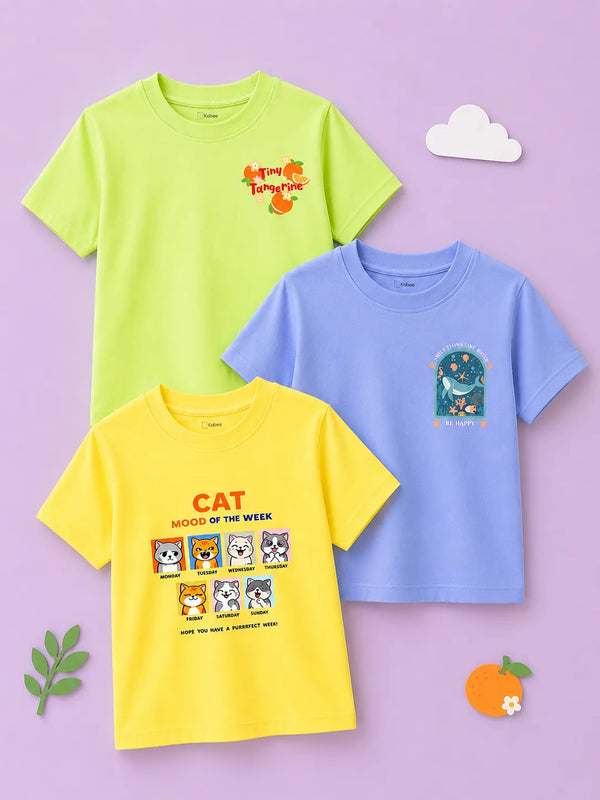 BambooTEC™ Unisex Half Sleeve T-Shirt Pack of 3 – Tiny Tangerine, Cat Mood & Be Happy Graphic Print Soft Tee Combo