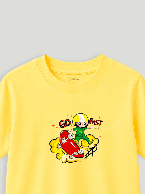 BambooTEC™ Unisex Kids T-Shirt – Soft Breathable Yellow Skateboard Print Half Sleeve Tee