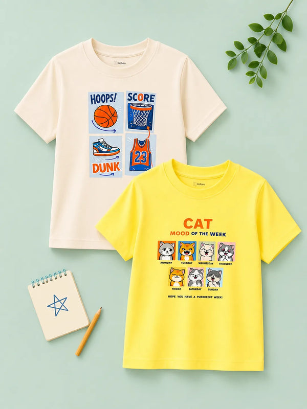 BambooTEC™ Unisex Kids Half Sleeve T-Shirt Pack of 2 – Basketball & Cat Graphic Print Soft Summer Tee Set