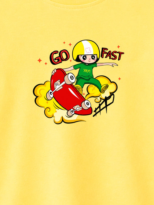BambooTEC™ Unisex Kids T-Shirt – Soft Breathable Yellow Skateboard Print Half Sleeve Tee