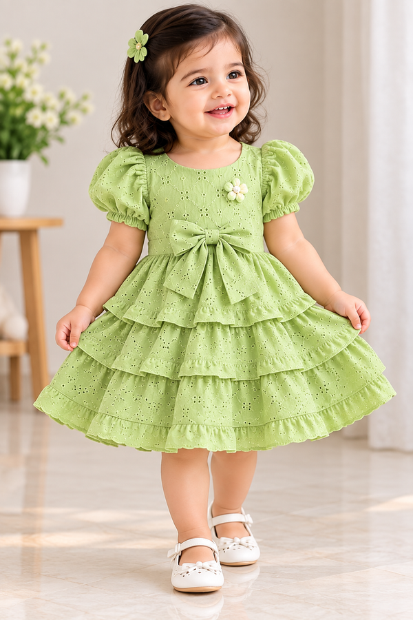 Premium Green Eyelet Embroidery Layered Dress