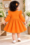 Orange Polka Dot Puff Sleeve Flared Dress with Flower Sling Bag