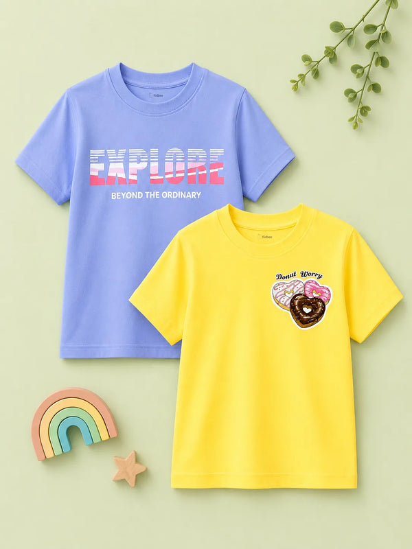 BambooTEC™ Girls Half Sleeve T-Shirt Pack of 2 – Explore & Donut Graphic Print Soft Summer Tee Set