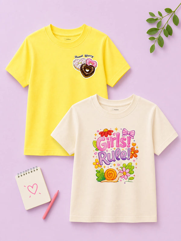 BambooTEC™ Girls Half Sleeve T-Shirt Pack of 2 – Girls Rule & Donut Graphic Print Soft Summer Tee Set