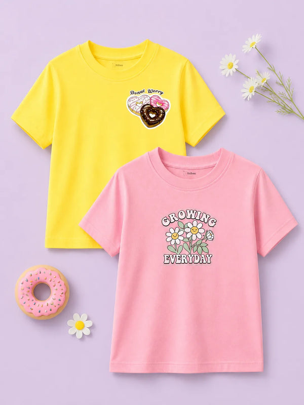 BambooTEC™ Girls Half Sleeve T-Shirt Pack of 2 – Growing Everyday & Donut Graphic Print Soft Summer Tee Set