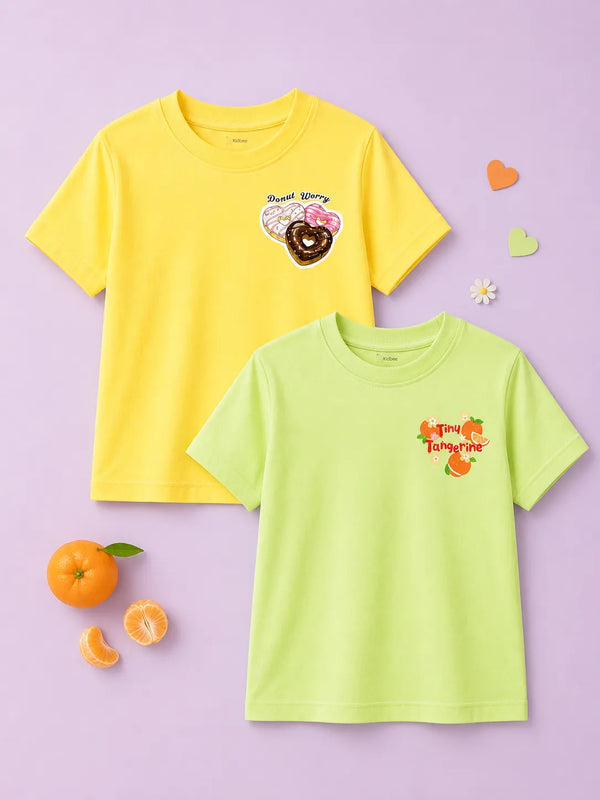 BambooTEC™ Girls Half Sleeve T-Shirt Pack of 2 – Donut & Tangerine Graphic Print Soft Summer Tee Set