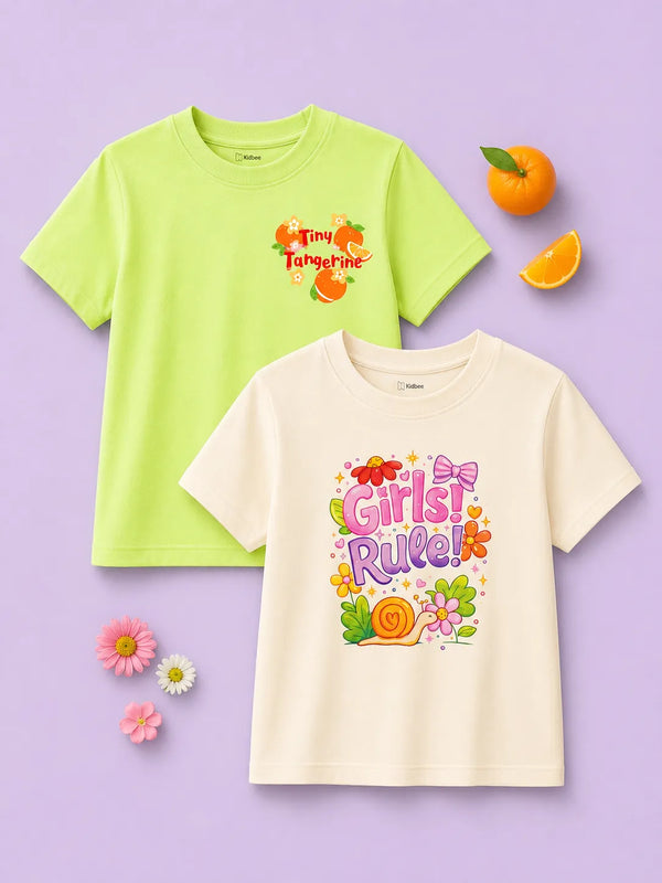 BambooTEC™ Girls Half Sleeve T-Shirt Pack of 2 – Tangerine & Girls Rule Graphic Print Soft Summer Tee Set