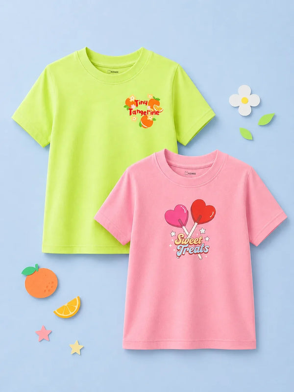 BambooTEC™ Girls Half Sleeve T-Shirt Pack of 2 – Tangerine & Sweet Treats Graphic Print Soft Summer Tee Set