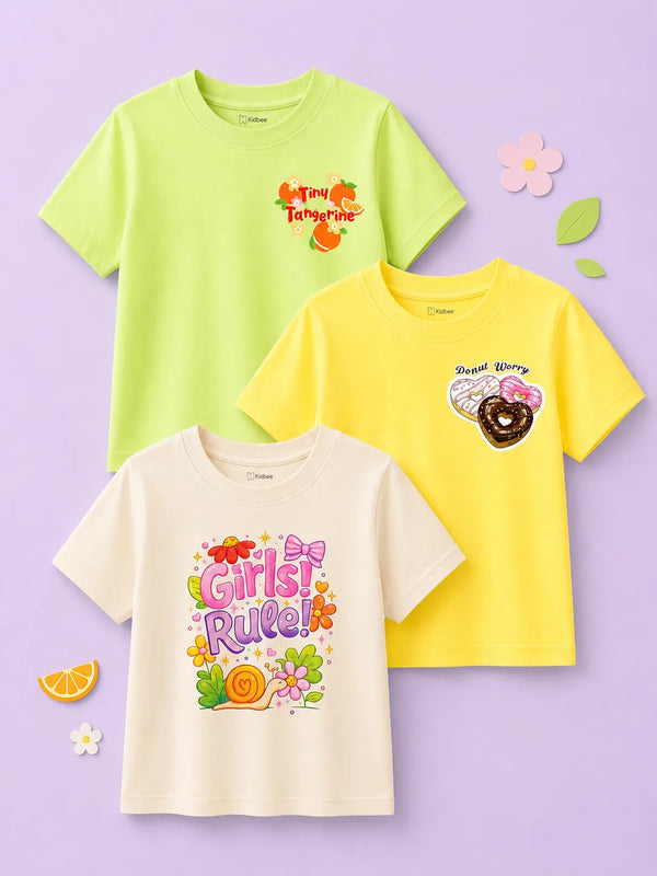 BambooTEC™ Girls Half Sleeve T-Shirt Pack of 3 – Tangerine, Donut & Girls Rule Graphic Print Soft Summer Tee Set