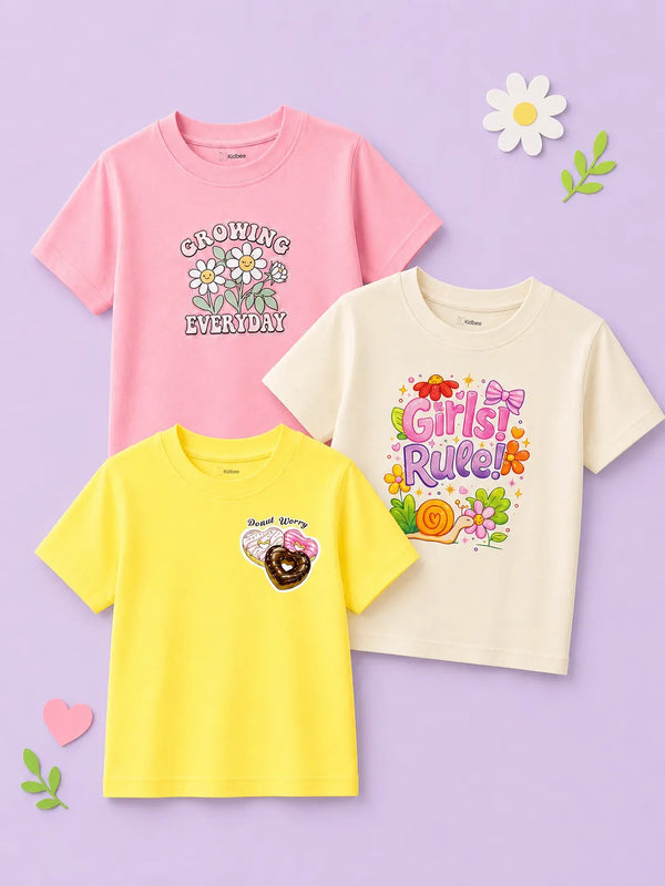 BambooTEC™ Girls Half Sleeve T-Shirt Pack of 3 – Growing Everyday, Girls Rule & Donut Graphic Print Soft Summer Tee Set