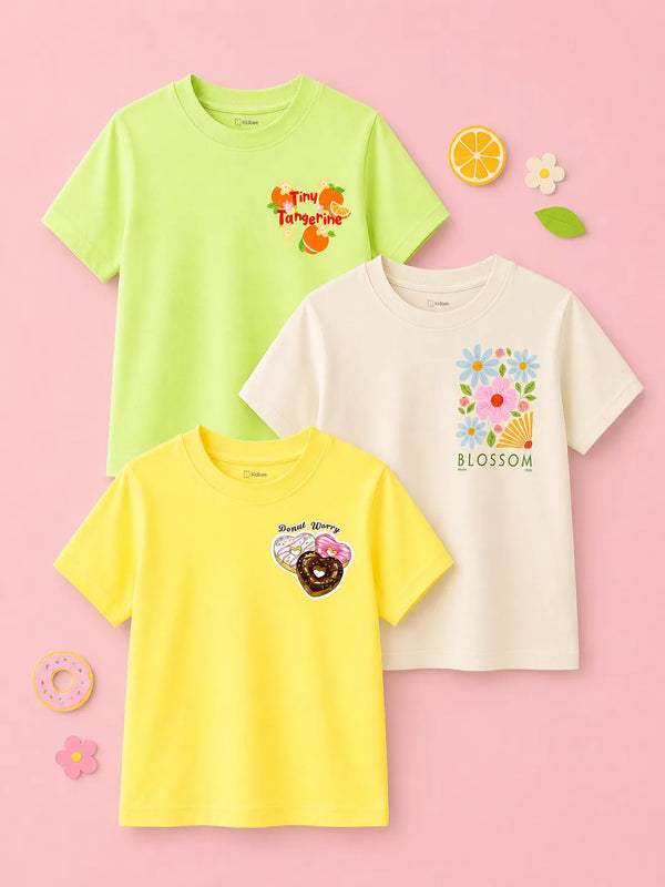 BambooTEC™ Girls Half Sleeve T-Shirt Pack of 3 – Tiny Tangerine, Blossom & Donut Graphic Print Soft Summer Tee Set