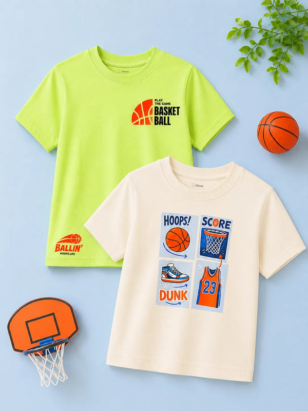 BambooTEC™ Unisex Kids Half Sleeve T-Shirt Pack of 2 – Soft Breathable Basketball Graphic Print Tee