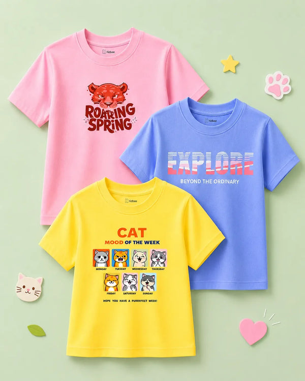 BambooTEC™ Unisex Kids Half Sleeve T-Shirt Pack of 3 – Cat Mood, Explore & Roaring Spring Graphic Print Soft Summer Tee Set