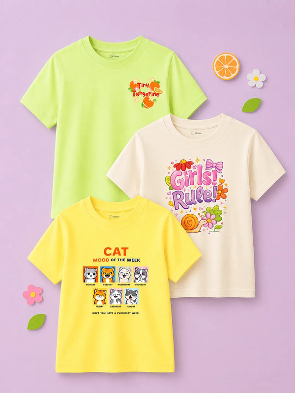 BambooTEC™ Girls Half Sleeve T-Shirt Pack of 3 – Tiny Tangerine, Girls Rule & Cat Mood Graphic Print Soft Summer Tee Set