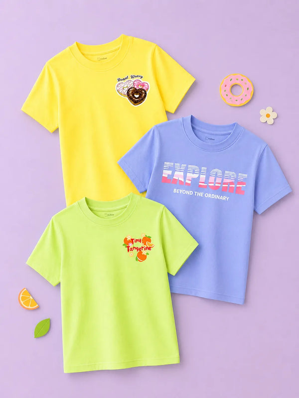BambooTEC™ Girls Half Sleeve T-Shirt Pack of 3 – Donut Worry, Tiny Tangerine & Explore Graphic Print Soft Summer Tee Set