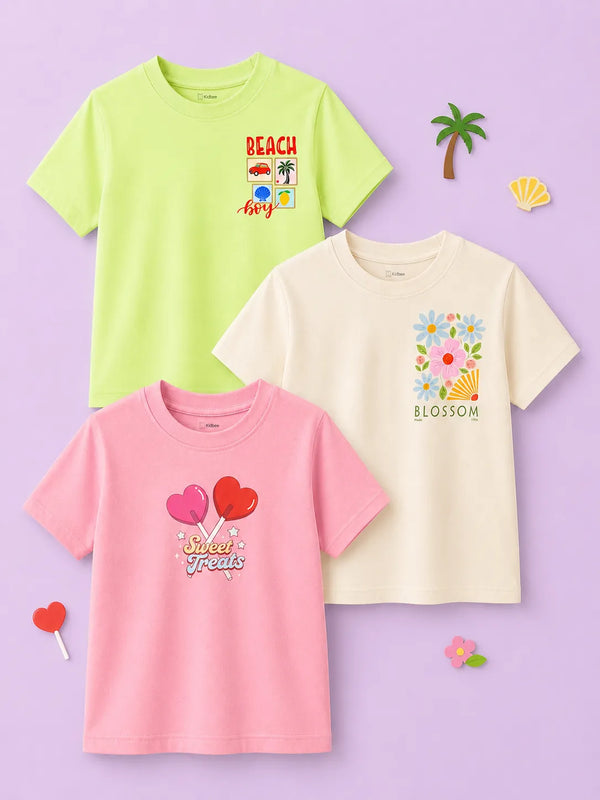 BambooTEC™ Girls Half Sleeve T-Shirt Pack of 3 – Beach Girl, Blossom & Sweet Treats Graphic Print Soft Summer Tee Set