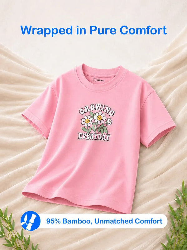 BambooTEC™ Girls Half Sleeve T-Shirt Pack of 2 – Growing Everyday & Cat Graphic Print Soft Summer Tee Set