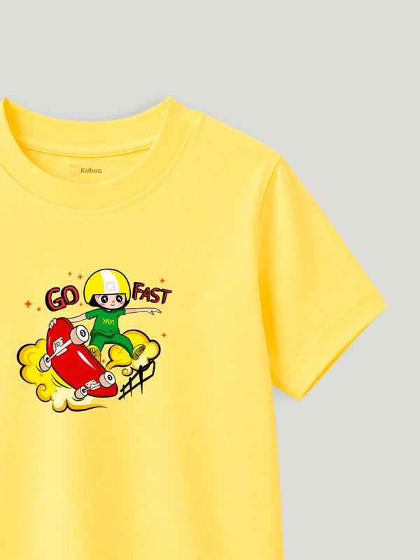 BambooTEC™ Unisex Kids T-Shirt – Soft Breathable Yellow Skateboard Print Half Sleeve Tee