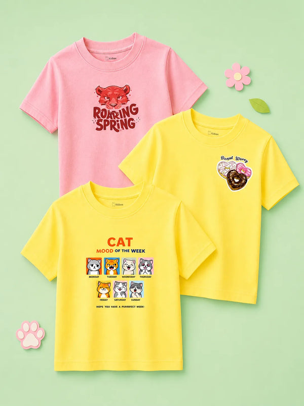 BambooTEC™ Unisex Half Sleeve T-Shirt Pack of 3 – Roaring Spring, Cat Mood & Donut Worry Graphic Print Soft Tee Combo