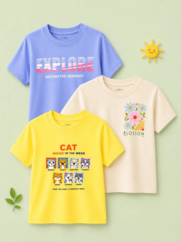 BambooTEC™ Unisex Half Sleeve T-Shirt Pack of 3 – Explore, Blossom & Cat Mood Graphic Print Soft Tee Combo