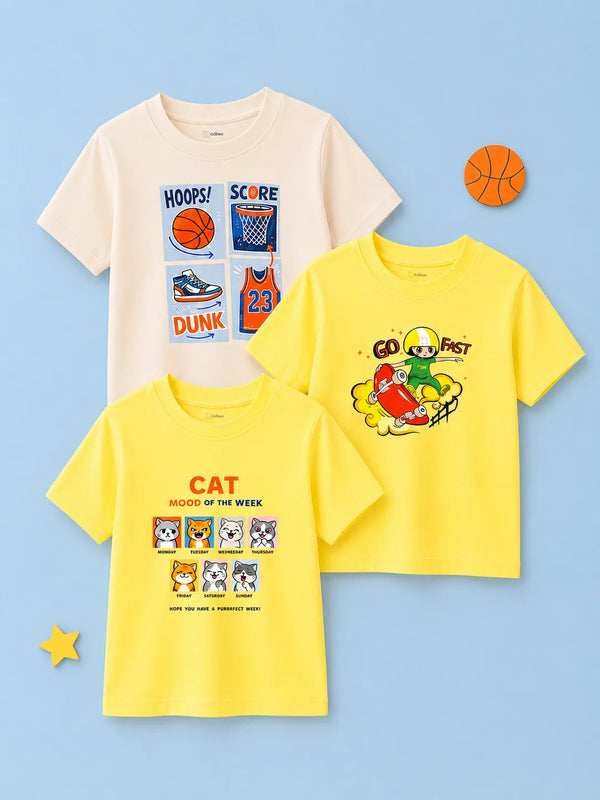 BambooTEC™ Unisex Half Sleeve T-Shirt Pack of 3 – Basketball, Cat Mood & Go Fast Graphic Print Combo