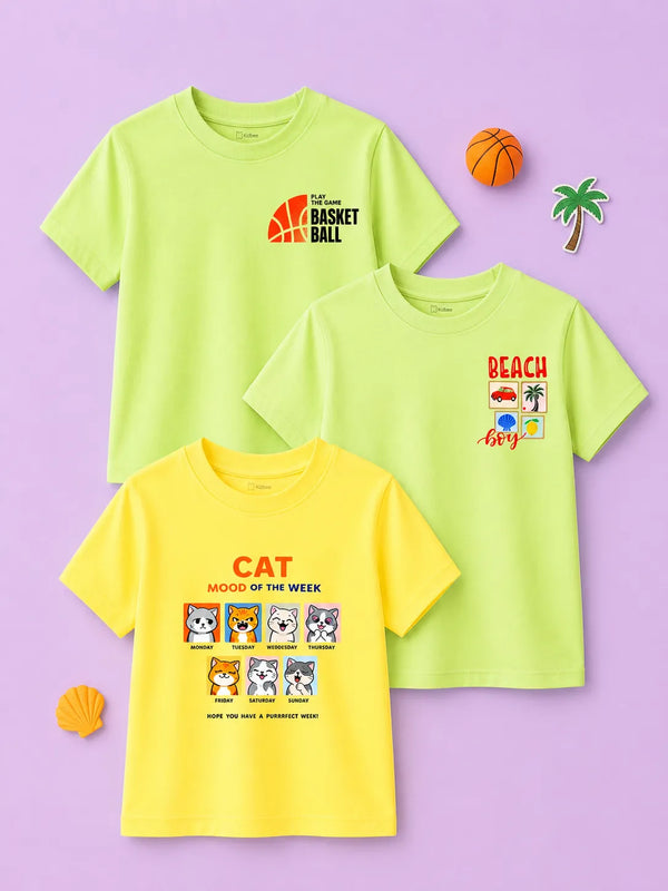 BambooTEC™ Unisex Half Sleeve T-Shirt Pack of 3 – Basketball, Beach Boy & Cat Graphic Print Combo