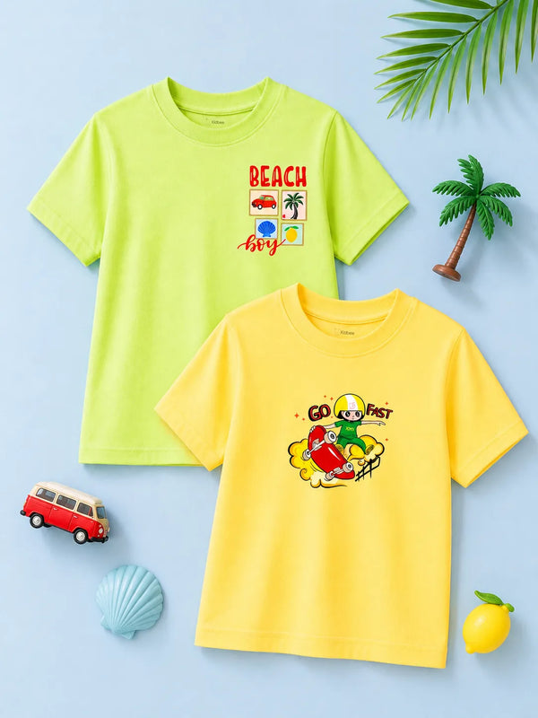 BambooTEC™ Unisex Kids Half Sleeve T-Shirt Pack of 2 – Beach & Skateboard Graphic Print Soft Summer Tee Set