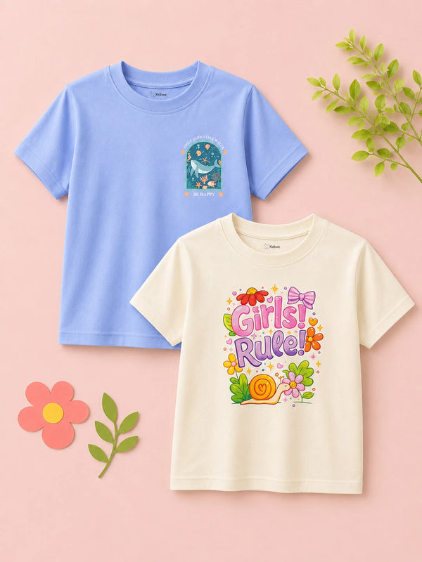 BambooTEC™ Girls Half Sleeve T-Shirt Pack of 2 – Girls Rule & Ocean Graphic Print Soft Summer Tee Set