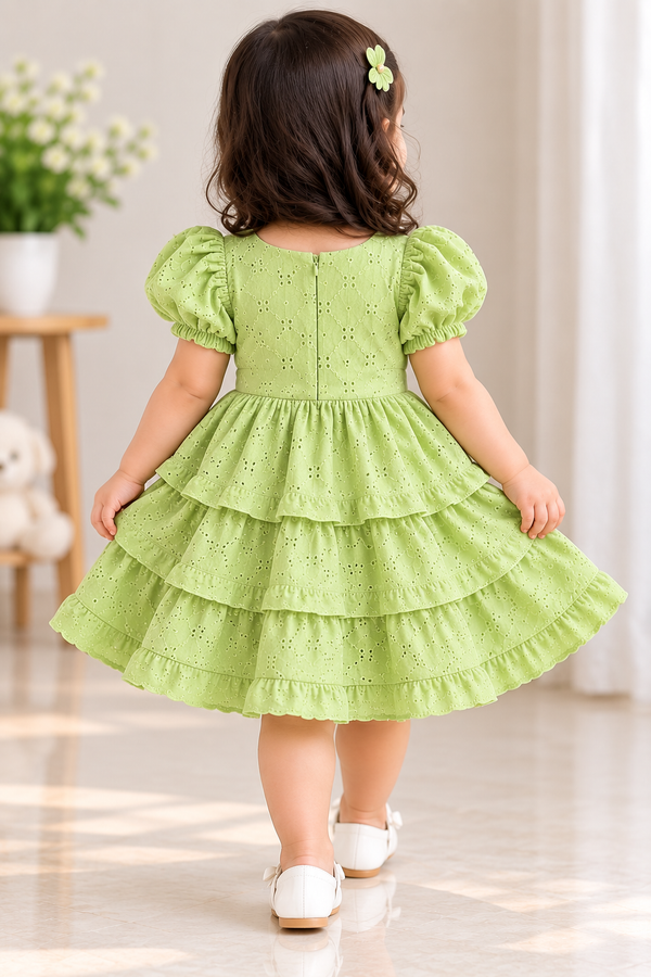 Premium Green Eyelet Embroidery Layered Dress