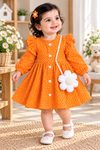 Orange Polka Dot Puff Sleeve Flared Dress with Flower Sling Bag