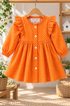 Orange Polka Dot Puff Sleeve Flared Dress with Flower Sling Bag