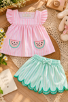 Girls Pink & Mint Striped Watermelon Print Top & Shorts Set | Stylish Summer Co-ord Set