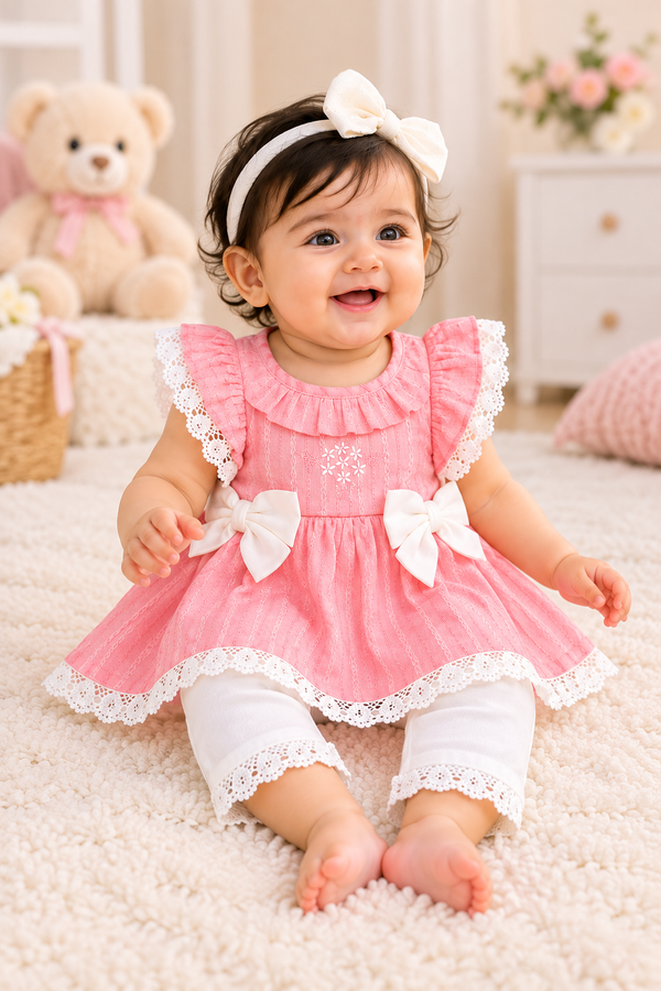 Baby Girls Pink Lace Ruffle Dress with White Leggings Set | Cute Party & Casual Wear