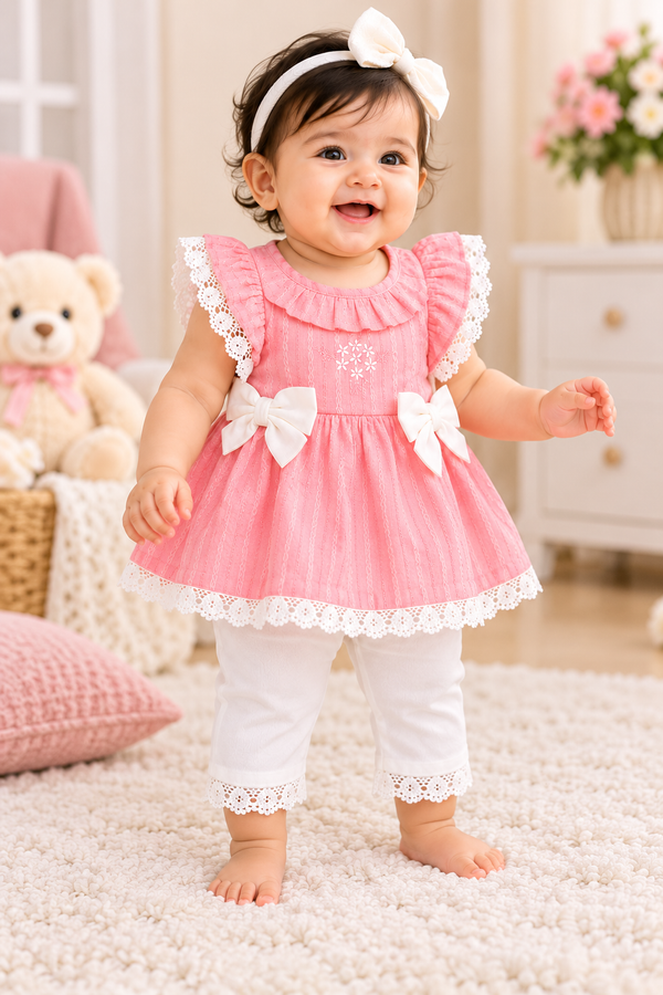 Baby Girls Pink Lace Ruffle Dress with White Leggings Set | Cute Party & Casual Wear