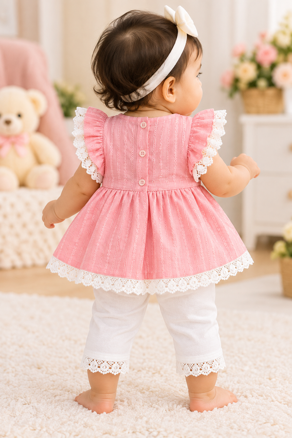 Baby Girls Pink Lace Ruffle Dress with White Leggings Set | Cute Party & Casual Wear