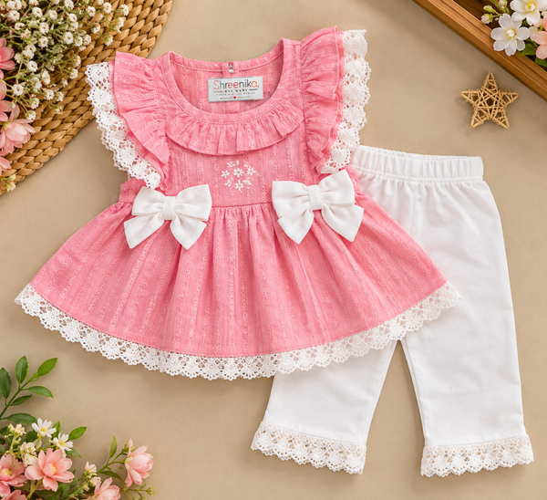 Baby Girls Pink Lace Ruffle Dress with White Leggings Set | Cute Party & Casual Wear